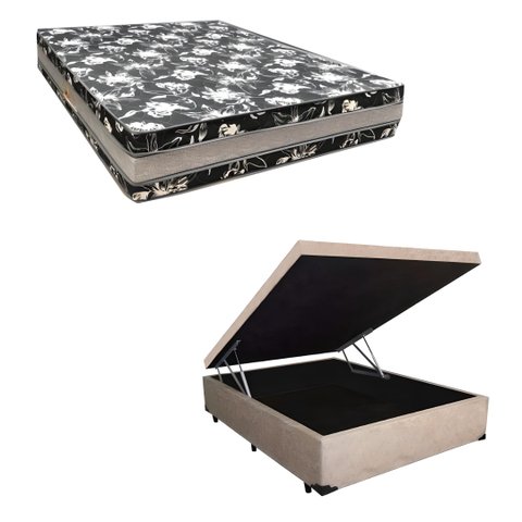 Cama Base Box Baú Casal Super Black Suede Bege + Colchão Casal Super Black D33 28x138x188