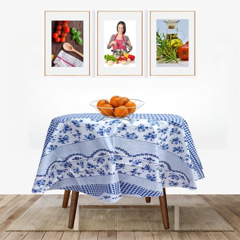 Toalha de Mesa Termica REDONDA - FLORES AZUIS - 1,35m Diâmetro * Mesa REDONDA *- PVC - 4 cadeiras - 