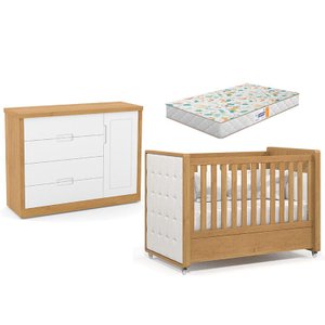 Berço Americano com Capitonê New Boucle e Cômoda Infantil Tutto New Freijó e Colchão Gazin - Matic