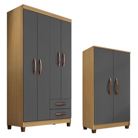 Guarda Roupa Solteiro Modena com 4 Portas e Armário Multiuso Recife Carvalho Americano Grafite – Inc