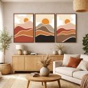 Ver imagem 4 de Conjunto 3 Quadros Decorativos por do Sol Tons Terrosos com Moldura em Tecido Canvas P Sala Quarto