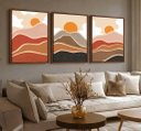 Ver imagem 1 de Conjunto 3 Quadros Decorativos por do Sol Tons Terrosos com Moldura em Tecido Canvas P Sala Quarto