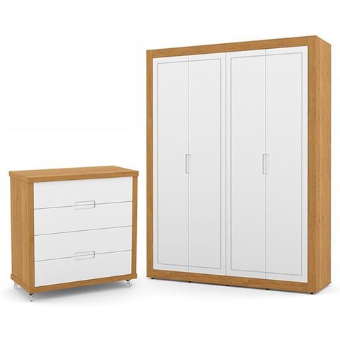 Jogo de Quarto Infantil com Guarda Roupa 4 Portas e Cômoda 4 Gavetas Tutto New Branco Soft/Freijó -