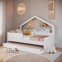 Ver imagem 1 de Cama Infantil Moldura Casinha para Colchão 0,88 x 1,88 Cor Branco com Cama Auxiliar