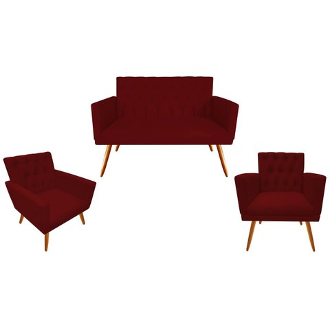 Kit Namoradeira + 2 Poltronas Decorativa Nina Capitonê Suede Marsala Pés Madeira Ms Decor