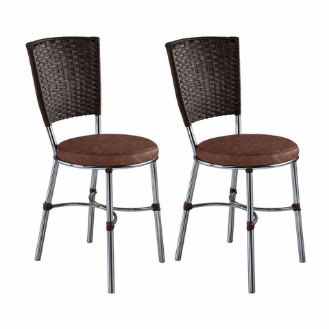Conjunto 2 Cadeiras de Jantar Junco Sintético Café Assento Estofado e Base Marrom/Cromado