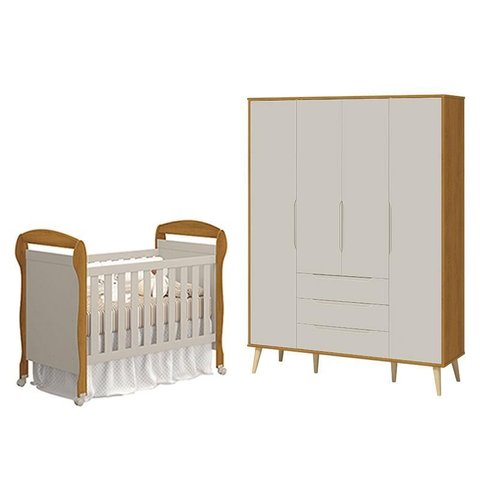 Berço Americano Danny e Guarda Roupa 4 Portas Elfe Retrô Areia Savana Acetinado Natural - Reller