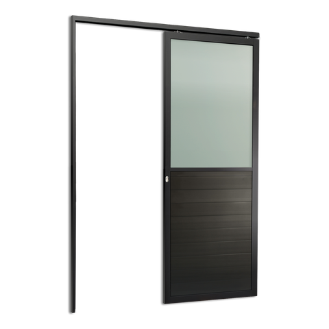 Porta de Correr Suspensa Meia Lambril Meia Vidro Esq L.25 Preta 210x90 Brimak