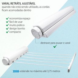 Varal Retratil Automatico de Parede 5 Cordas Extensivel Ajustavel 6 Ganchos Secador de Roupa Casa Ap - 4