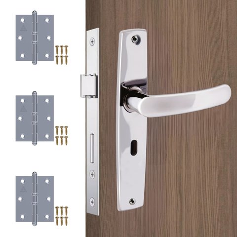 Fechadura para Porta Interna Aço Inox Polido Cromado + Dobradiças Aço Zincado Pino Bola