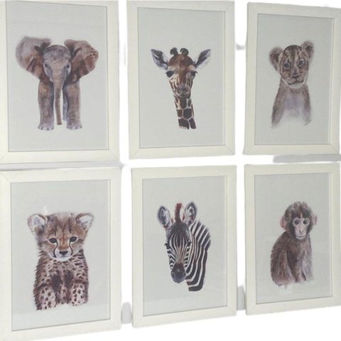 Quadro Infantil Safari 6 Un A4 Vidro e Pendurador