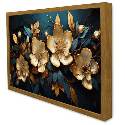 Quadro Decorativo Floral Luxo Flores Douradas em Moldura Caixa Tacolado Moldura Caixa 3cm Freijó com