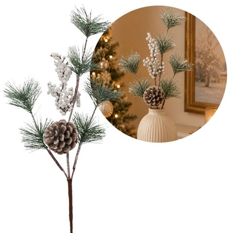 Galho Natalino Folhagens com Pinha e Berries Branco Nevado 46cm Decorativo - Magizi