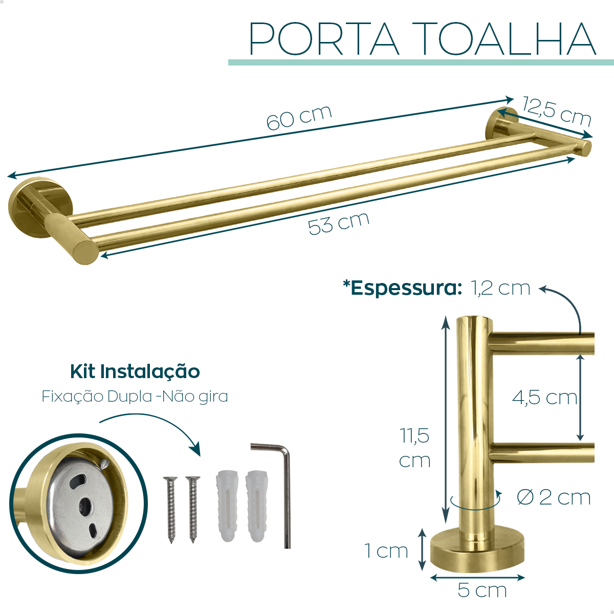 Suporte Porta Toalha Duplo Dourado Brilhoso Toalheiro 60cm Aço Inox Acessorio Parede Banheiro Luxo - 4