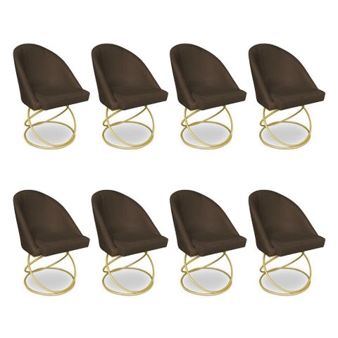 Kit 08 Cadeiras Poltrona de Jantar Bela Suede Marrom Base Metálica Luxo Dourado - Pallazio