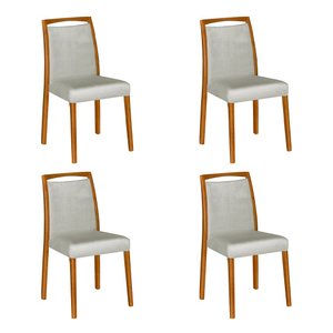 Kit 4 Cadeiras de Jantar Estofadas Jade Linho Cinza Base Madeira Maciça Mel