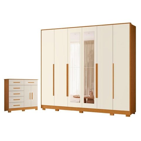 Guarda Roupa Casal Mercure com Espelho 6 Portas e Cômoda Xangai 06 Gavetas 02 Portas Cinamomo Off