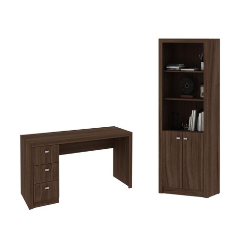 Escritório com Mesa para Computador C/ 3 Gavetas e Armário C/ Prateleiras 2 Portas Carvalho - Fdecor