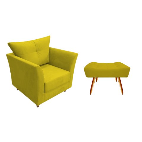 Kit Poltrona Decorativa Isis + Puff Retangular Couro Amarelo Pés Madeira Mz Decor