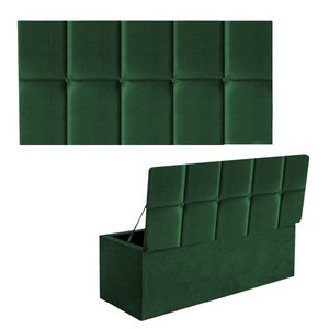 Kit Painel Cabeceira Estofada e Calçadeira Baú Recamier Turquia 100cm Solteiro Suede Verde Musgo - A