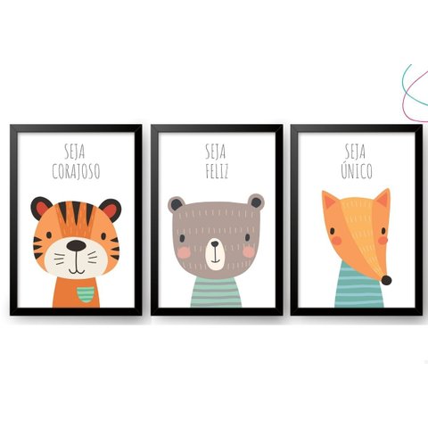3 Quadros Decorativos Infantil Animais Fofos Safari Floresta:preta