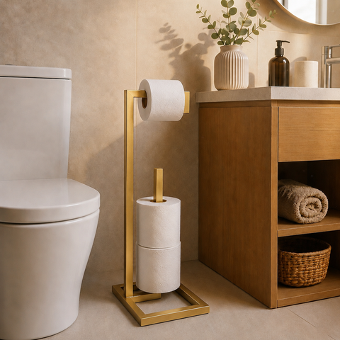 Suporte de Papel Higiênico Dourado Premium de Chão Tubo Reforçado para Banheiros