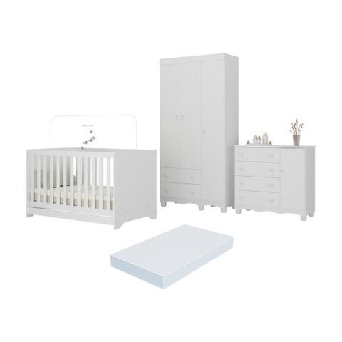 Quarto de Bebê Completo Berço Americano 3 em 1 Colchão Dengo Multimóveis Mp4608 Branco