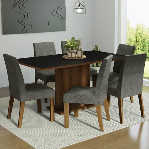 Conjunto Sala de Jantar Mesa Tampo de Madeira 6 Cadeiras Rustic/preto/silver Renata Madesa
