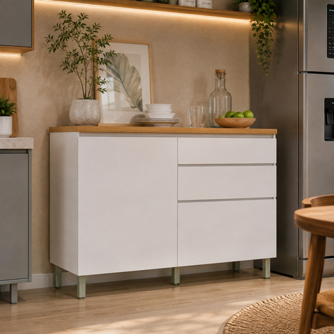 Balcão de Cozinha Modular Marquesa 120cm 1 Porta 3 Gavetas 100% MDF - Nesher