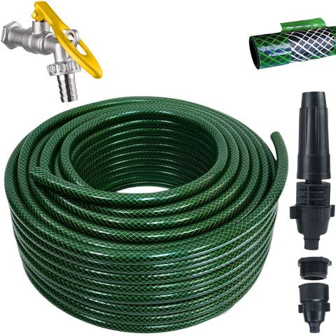 Mangueira de Jardim 25m Metros Reforçada Trançada + Torneira de Metal com Porta Cadeado 1/2"
