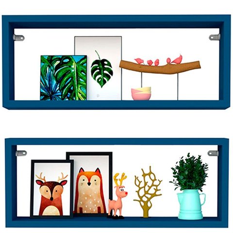 Kit 2 Nicho Retangular Azul 60x15x10p Mdf Decorativo