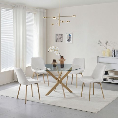 Conjunto Mesa de Jantar Lara 120cm Vidro Redondo Aço Carbono Bronze 4 Cadeiras em Linho Cru