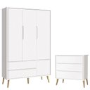 Ver imagem 1 de Cômoda Gaveteiro Infantil e Guarda Roupa 3 Portas Theo Branco Acetinado Pés Madeira Natural –
