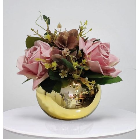 Arranjo de Flor Artificial Rosas no Vaso Espelhado