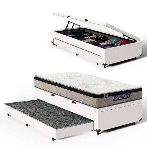 Cama Box Baú com Colchão Gazin de Espuma D33 Pillow In Force Mid + Auxiliar de Espuma Solteiro