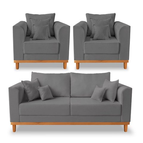 Kit Sofá 3 Lugares e 2 Poltronas Beny Viena Com Almofadas Decorativa Linho Grafite - Madeira Prima D