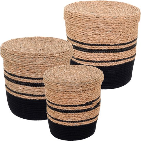 CESTA FIBRA PRETO 3PÇ COM TAMPA