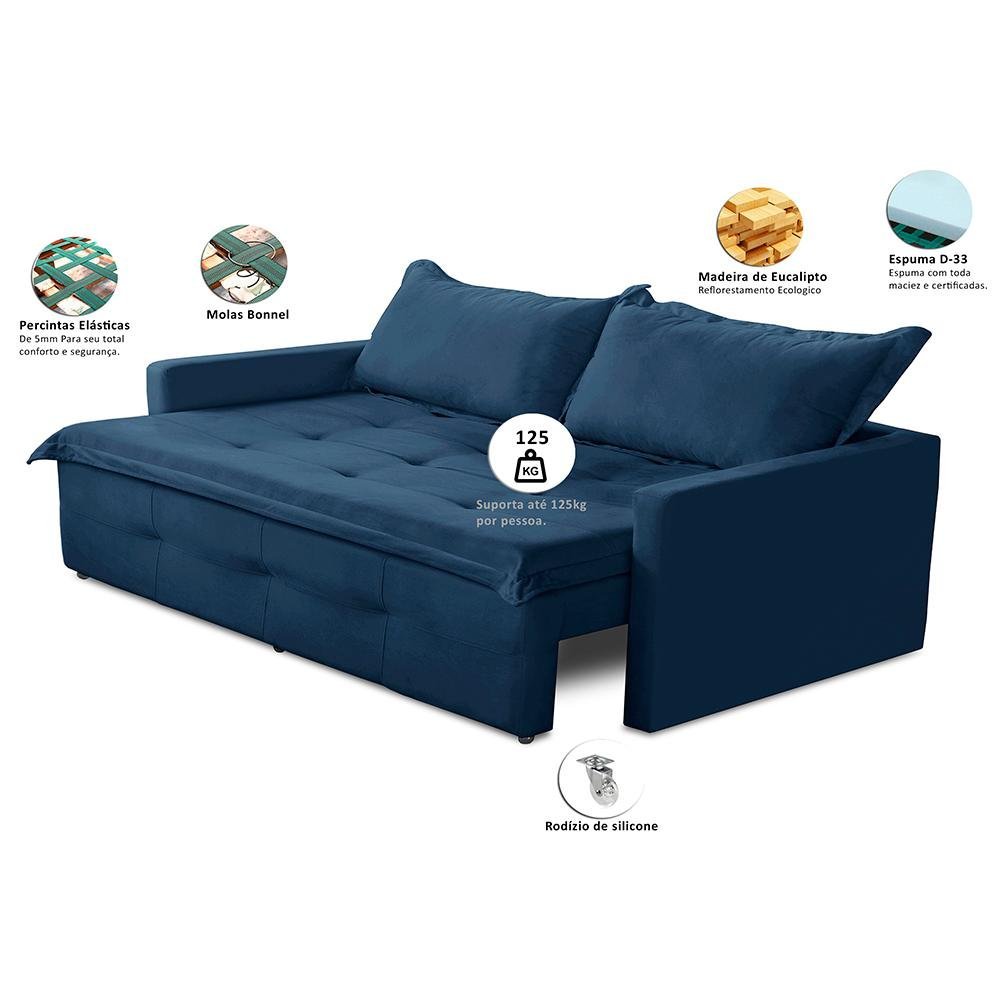 Sofá sem Caixa Retrátil e Reclinável 2,00m com Molas Bianca Suede Azul Madelina Decor - 2