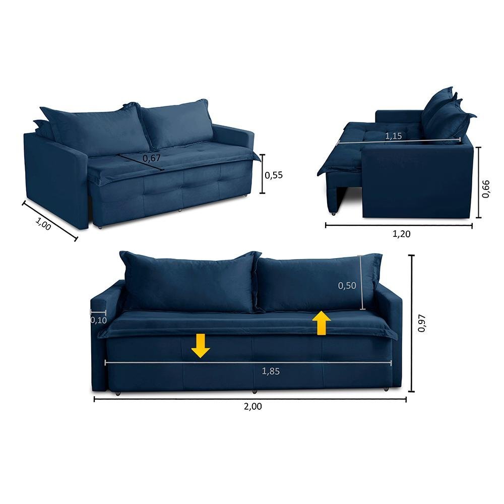 Sofá sem Caixa Retrátil e Reclinável 2,00m com Molas Bianca Suede Azul Madelina Decor - 3