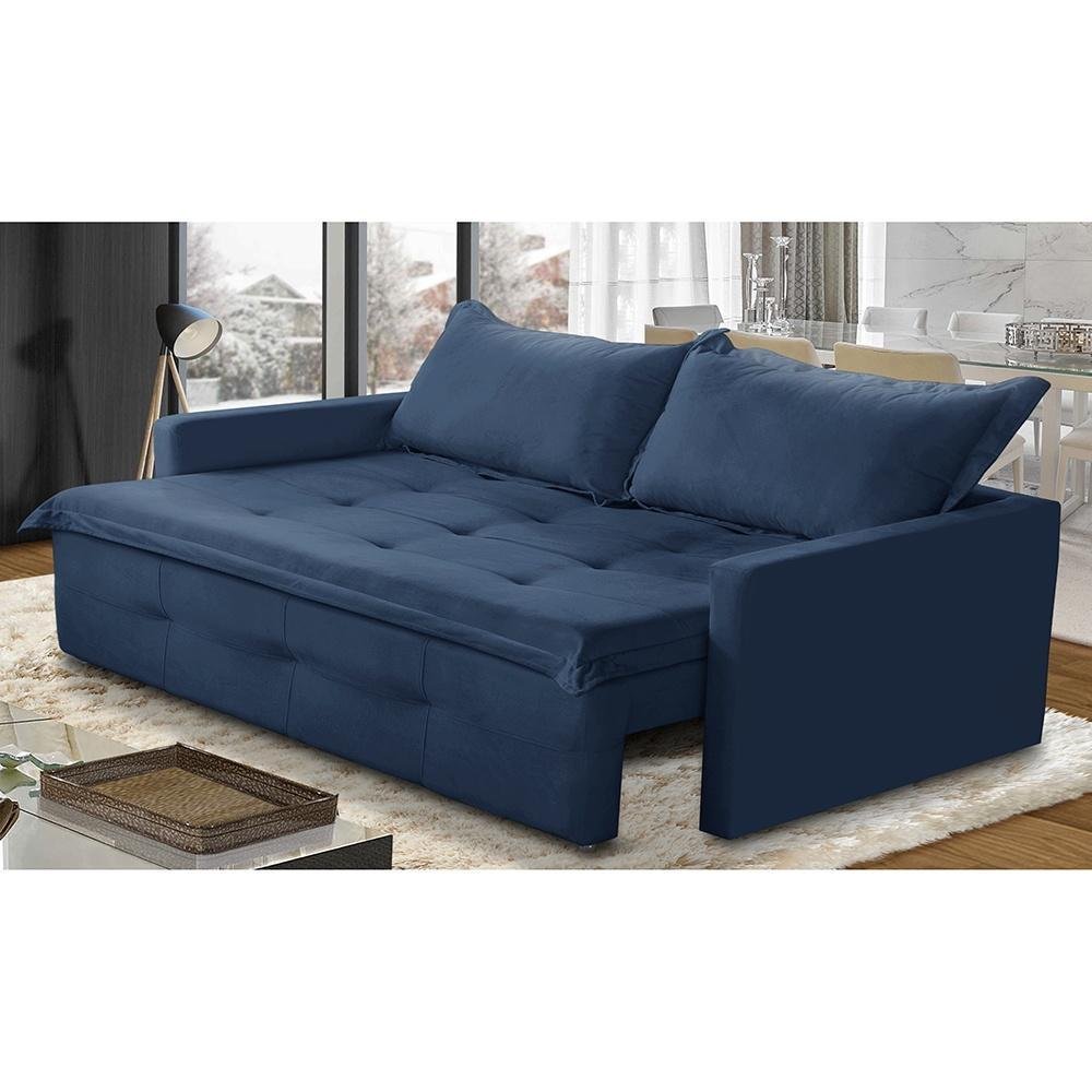 Sofá sem Caixa Retrátil e Reclinável 2,00m com Molas Bianca Suede Azul Madelina Decor