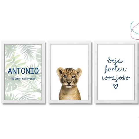 Quadros Decorativos Leão Baby Safari Seja Forte e Corajoso:branca