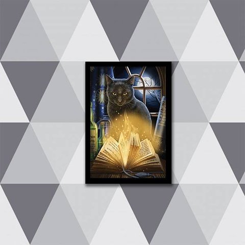 Quadro Gato Bruxo com Livro 33x24cm - com vidro:Madeira preta
