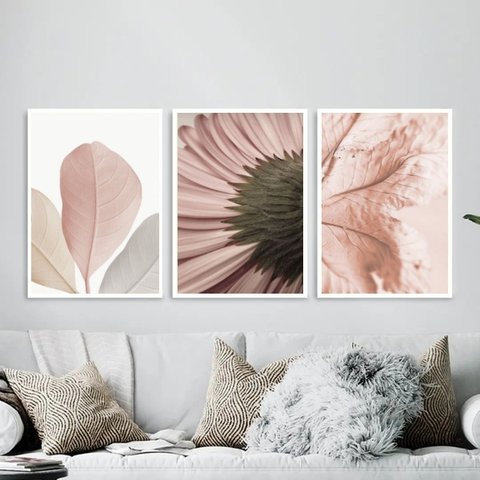 Kit 3 Quadros Fotos Fragmentos Flores Rosê 45x34cm - com Vidro:moldura Branca