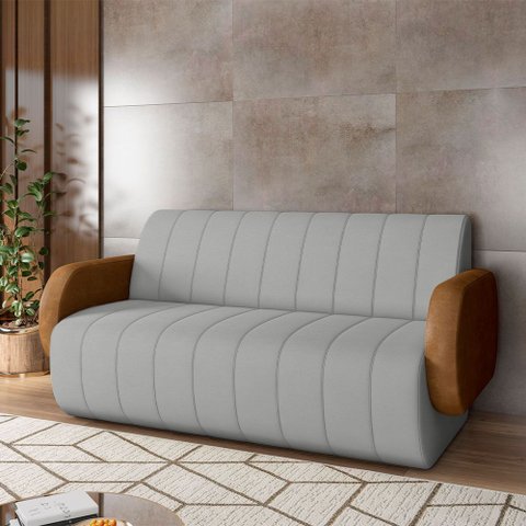 Sofá Decorativo Living Sala de Estar Bornéu 148cm Pés de Madeira Pu/veludo Caramelo/cinza G33 - Gran
