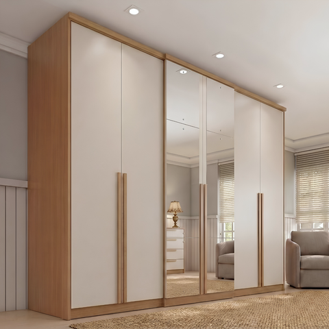 Guarda-Roupa Casal com Espelho 6 Portas 4 Gavetas 261 x 230cm Valência Yescasa Cappuccino/Off White