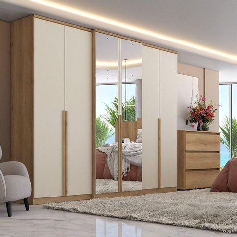 Guarda-Roupa Casal 6 Portas 4 Gavetas Full Glass 261x60x230cm Valência Off White Capuccino/Off White