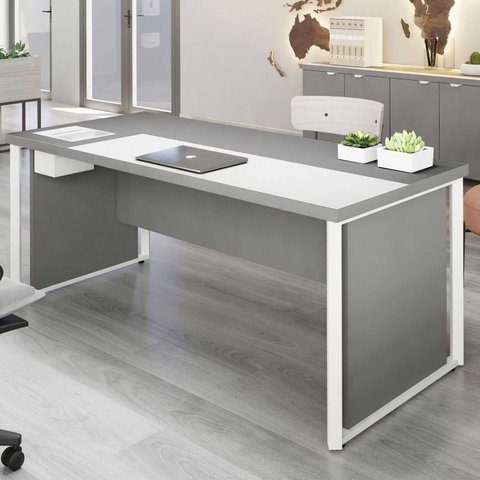 Mesa Executiva para Escritório Diretor com Caixa de Tomadas Porta Objetos 200cm Corporate Cinza Sagrado e Branco
