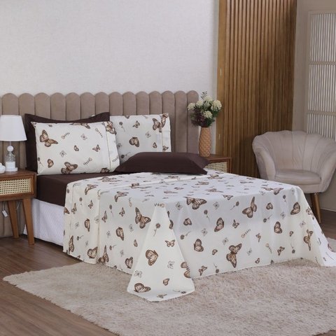 Jogo de Cama King 4p Lençol + Fronha Esmeralda Percal 100% Algodão:borboleta Marrom