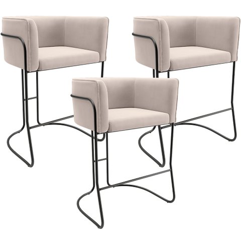 Kit 03 Banquetas Baixa Base de Aço Preto Betina D02 Suede Bege C-309 - Lyam Decor