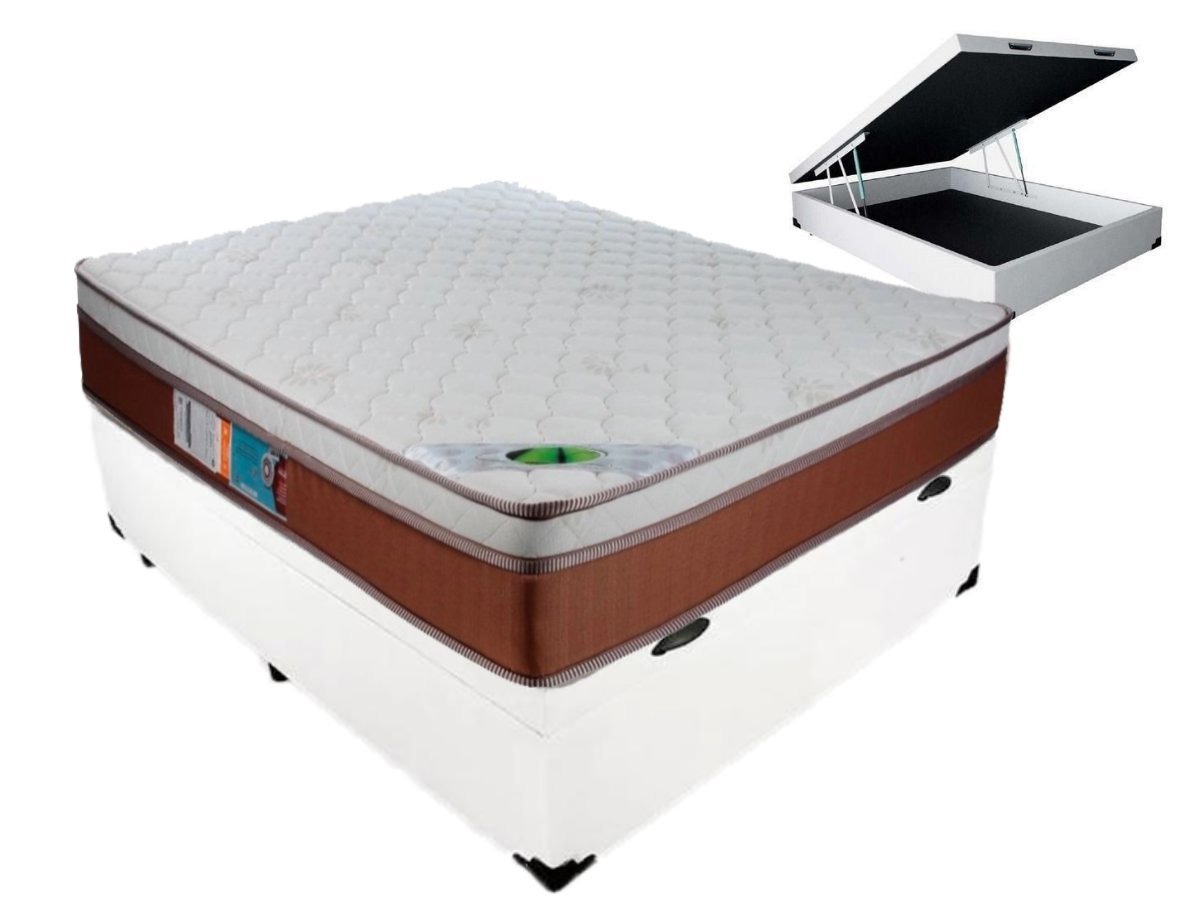 Cama Box Casal Com Baú + Colchão Luckspuma Molas Ensacadas Premium Caribe 138x188:Branco - 1